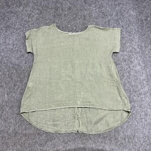 Terzo Millennio Blouse Womens Medium Green Linen Scoop Neck Button Back Tunic